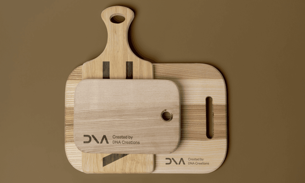 Wooden cutting boards with the logo.