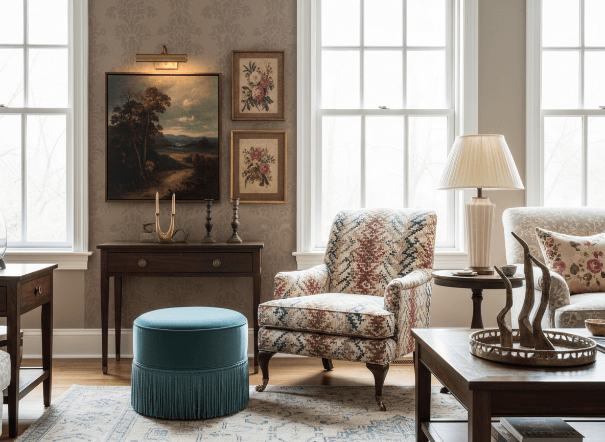 Elegant traditional living room with patterned accent chair, blue fringe ottoman, dark wood console table, floral wall art, and natural light from tall windows.