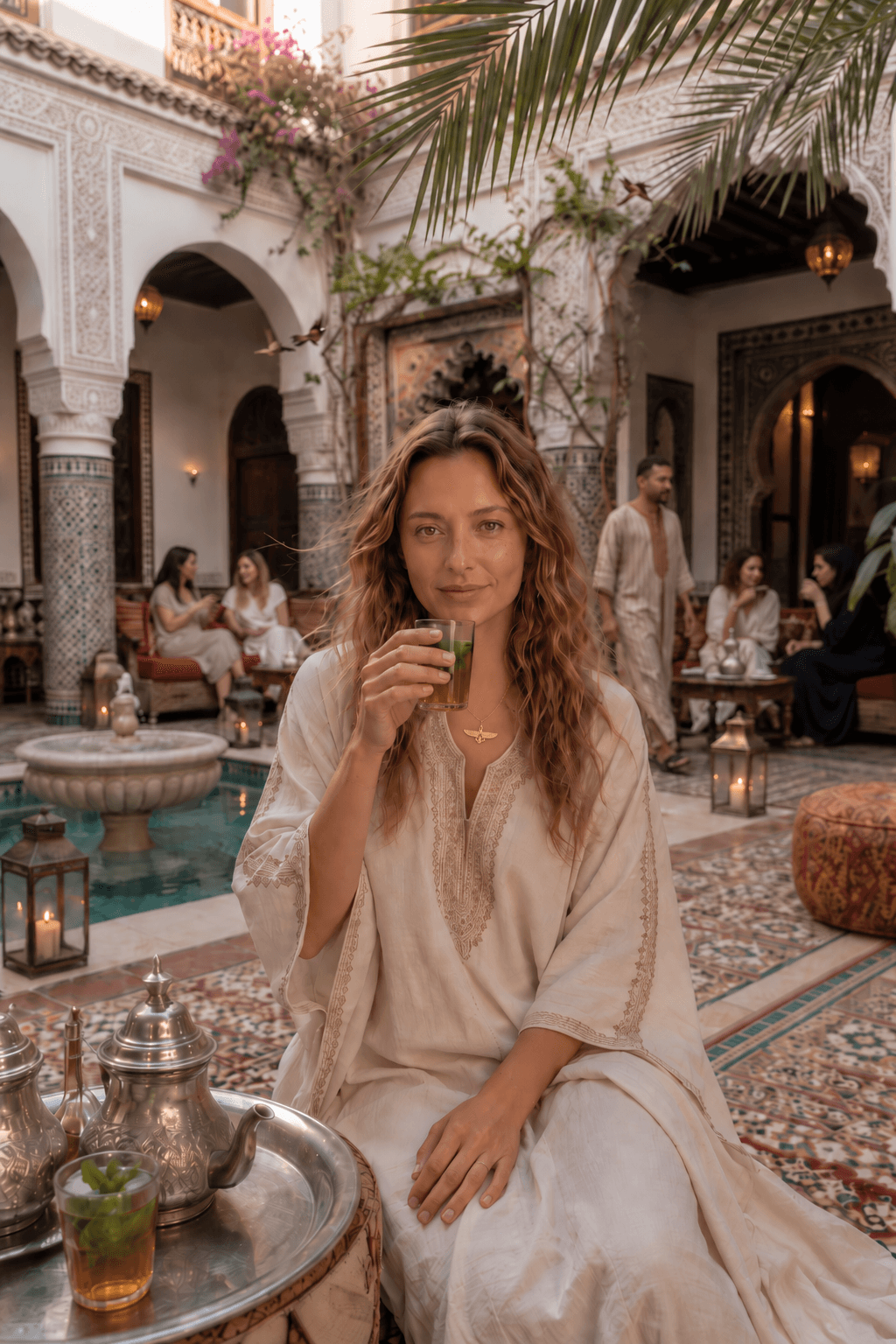 LAILA digital character enjoying mint tea in a traditional Moroccan riad courtyard surrounded by ornate arches, mosaic tilework, lanterns, and other guests.