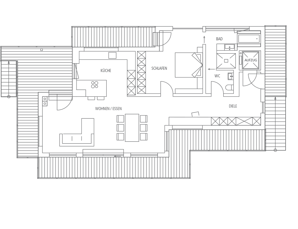 Grundriss einer modernen Wohnung mit Küche, Wohn-/Essbereich, Schlafzimmer, Bad, WC, Diele und Aufzug.