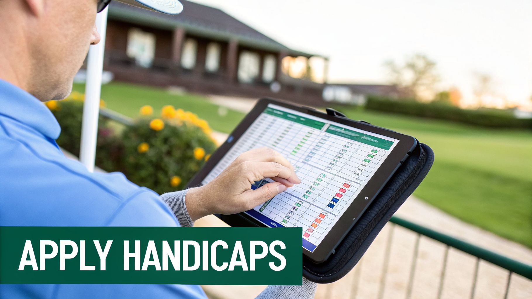 A golfer views a tablet displaying a score application to apply handicaps on a course.