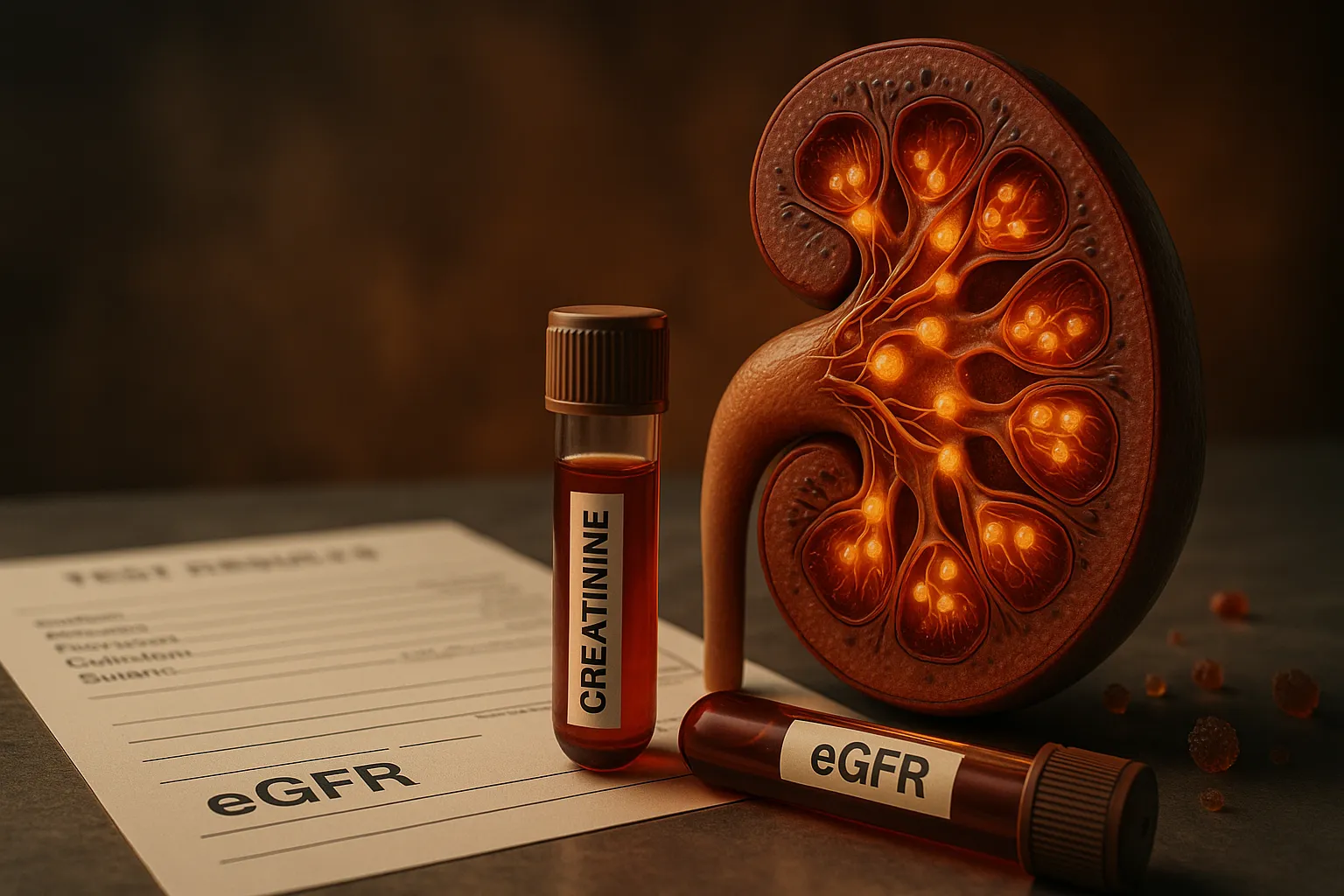 3D kidney cross-section with glowing nephrons beside blood tubes labeled creatinine and eGFR on a lab report