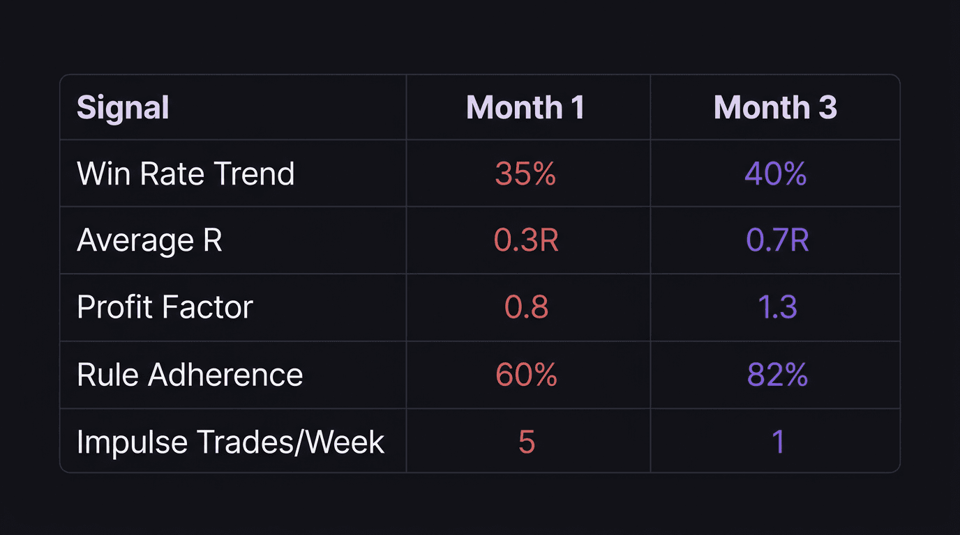 Comparison table showing five trading progress signals with example values for month 1 and month 3
