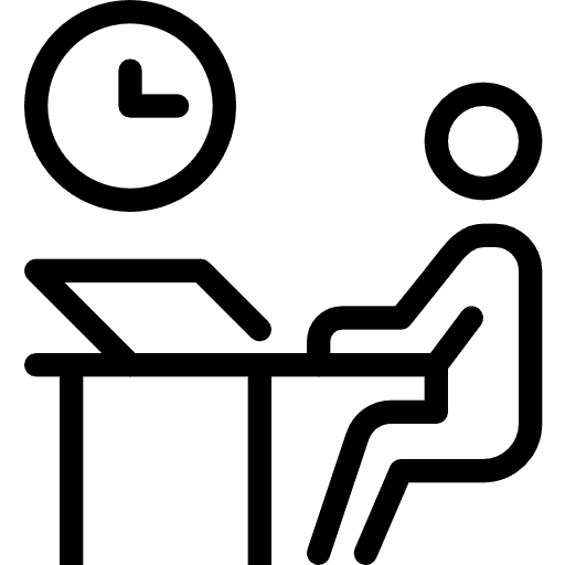 Icon of a person working at a desk with a clock indicating the time. Represents work, time management, and productivity.