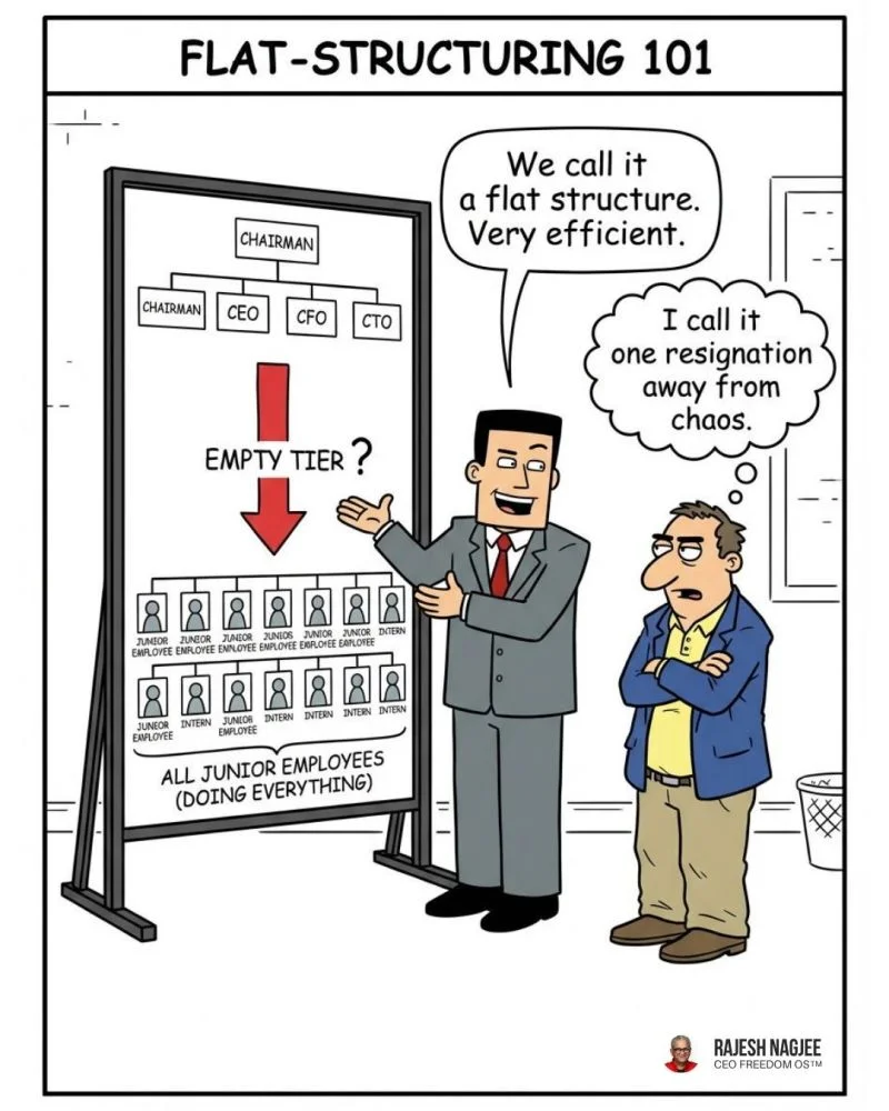 Flat-Structuring 101 cartoon: an org chart shows Chairman at top, C-suite below, then an empty tier, then all junior employees doing everything. One person calls it efficient. Another thinks it's one resignation away from chaos. — Rajesh Nagjee, CEO Freedom OS™