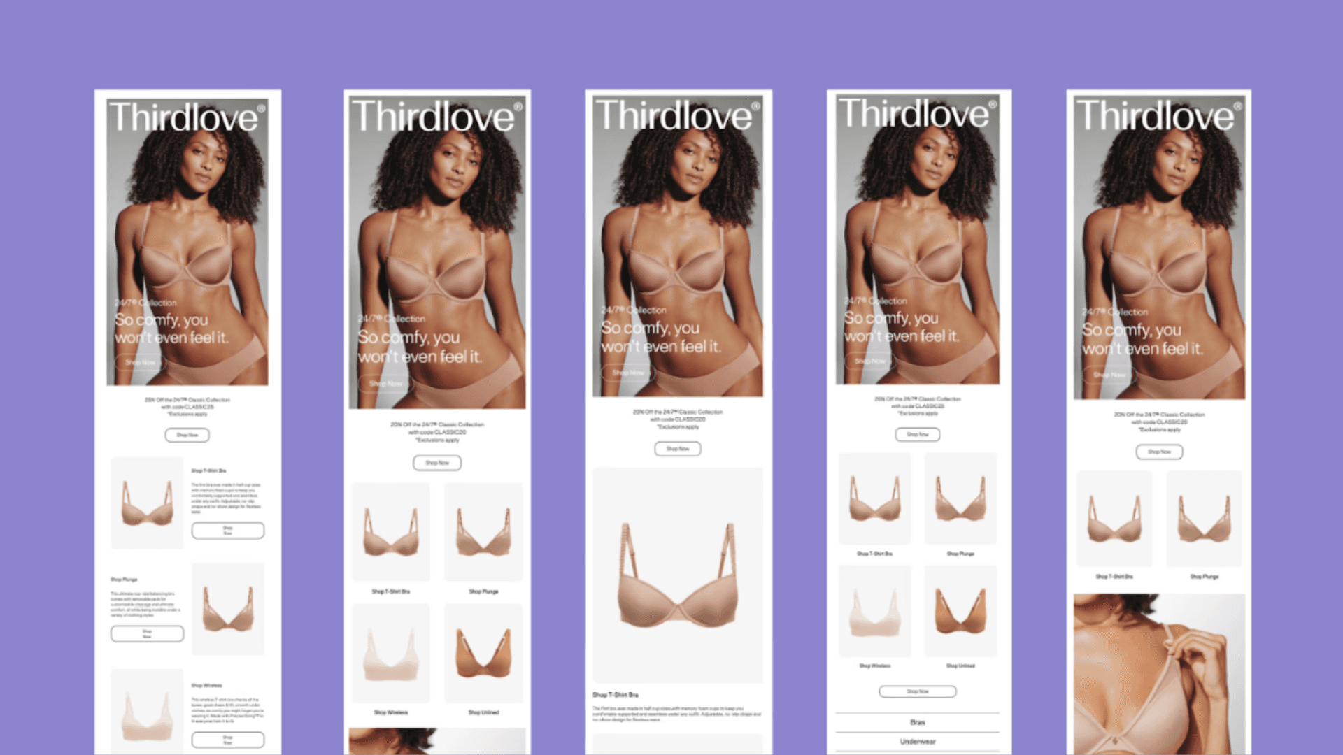 HTML emails for Thirdlove which were produced by Backstroke