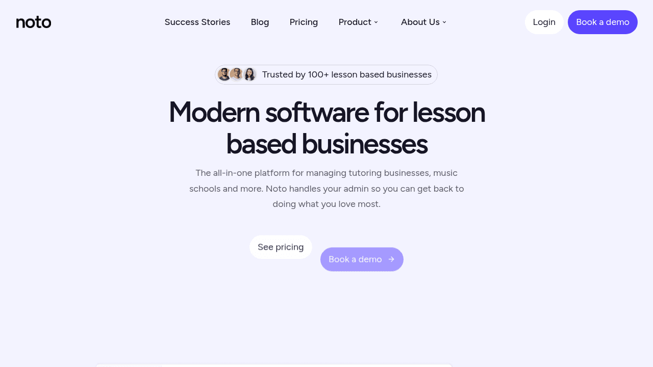 Noto tutoring management software homepage showcasing scalable CRM solutions for educational businesses of all sizes