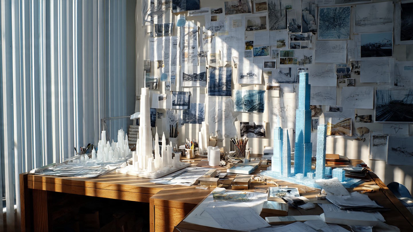 Architect's desk with a detailed model cityscape in white and blue; back wall is covered in various architectural sketches and images, lit by sunlight.