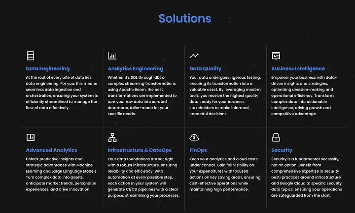 Image displaying various data solutions offered by Astrafy. The solutions include Data Engineering, Analytics Engineering, Data Quality, Business Intelligence, Advanced Analytics, Infrastructure & DataOps, FinOps, and Security. Each solution is briefly described, highlighting its role in enhancing data management, analysis, security, and operational efficiency.