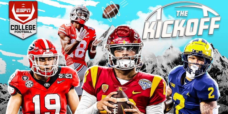 Image of a sports game called "The Kickoff" and featuring a collage of 4 college football players