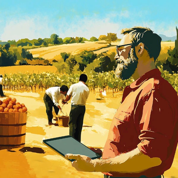 man in field manages workers on an ipad