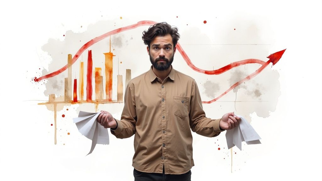 A confused man holds papers in front of a watercolor chart showing an upward trend.