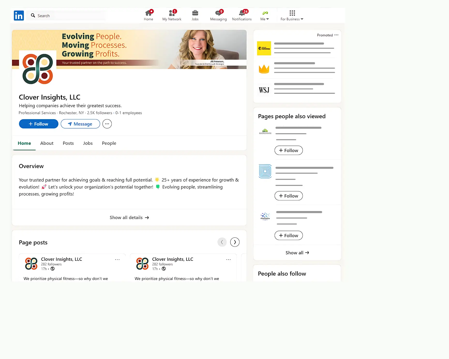 LinkedIn page overview for Clover Insights, LLC professional services in Rochester, NY.