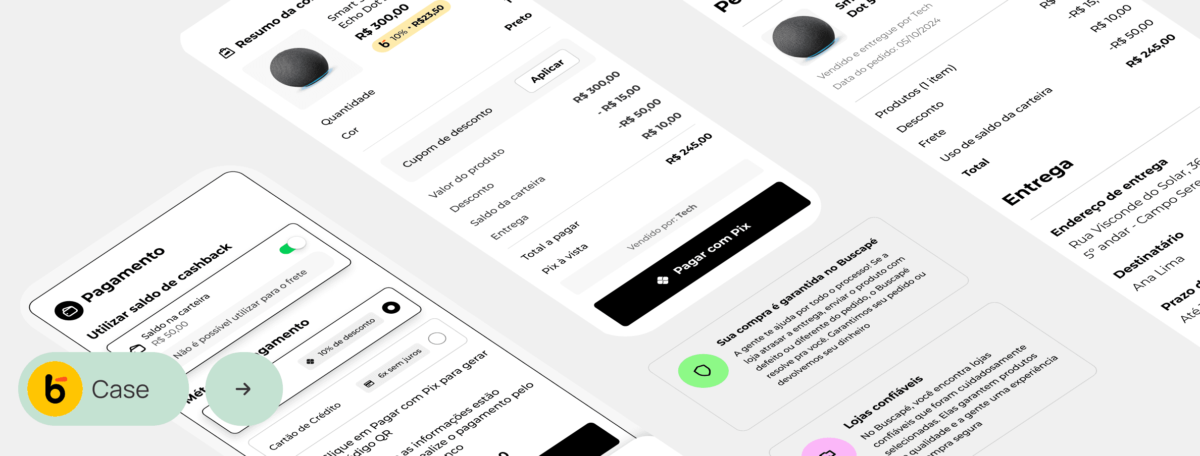 Imagem das de algumas telas do novo projeto de checkout, nelas, podemos ver a nova seção de pagamentos, a modal de resumo da compra (com todos os valores listados) e pílulas explicativas sobre a confiabilidade do marketplace Buscapé.
