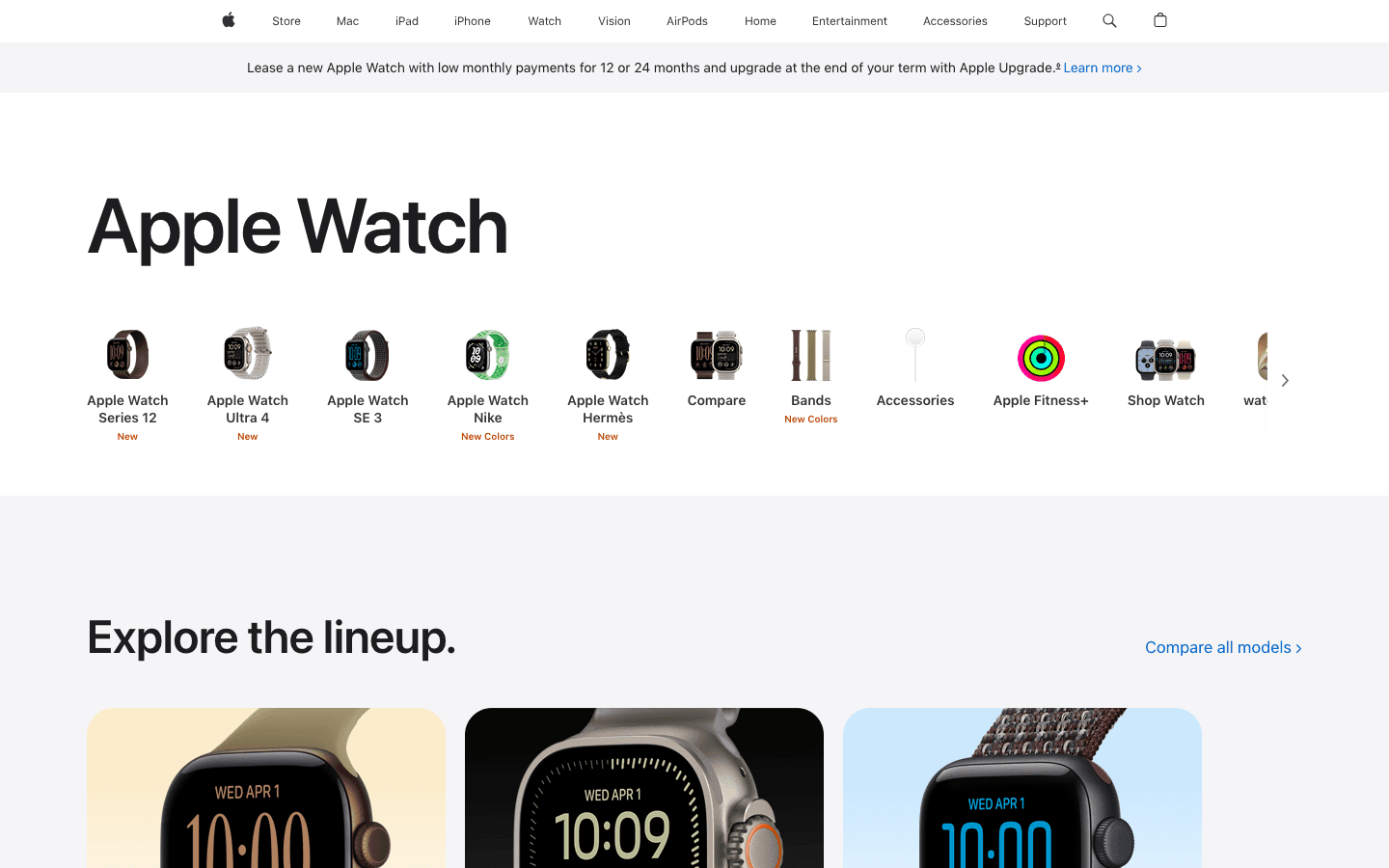 Apple Watch lineup showing Series 12, Ultra 4, and SE 3 on the Apple website