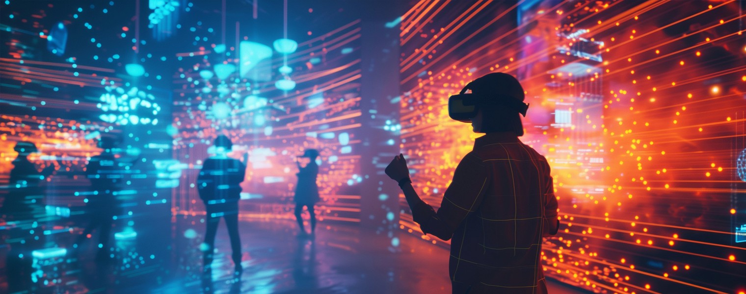 A woman wearing a VR headset explores an immersive, digital environment.