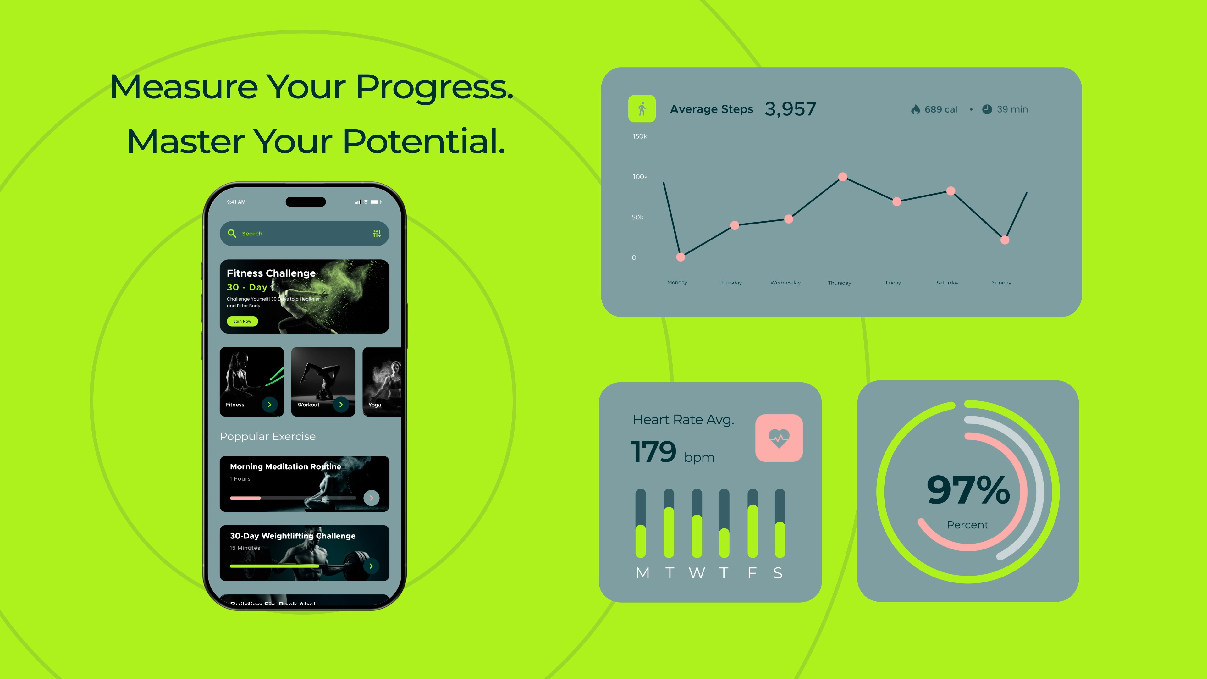 High-fidelity UI design for the Vita Fusion fitness tracking app. Features a dashboard with activity graphs and health metrics in a signature lime green dark mode, demonstrating the seamless integration of brand identity into digital product design.