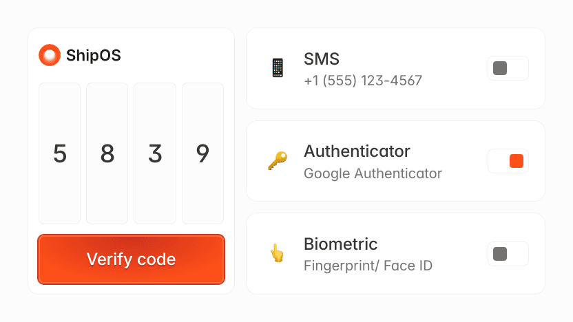 ShipOS: Enter SMS code 5839, Authenticator, Biometric for verification.