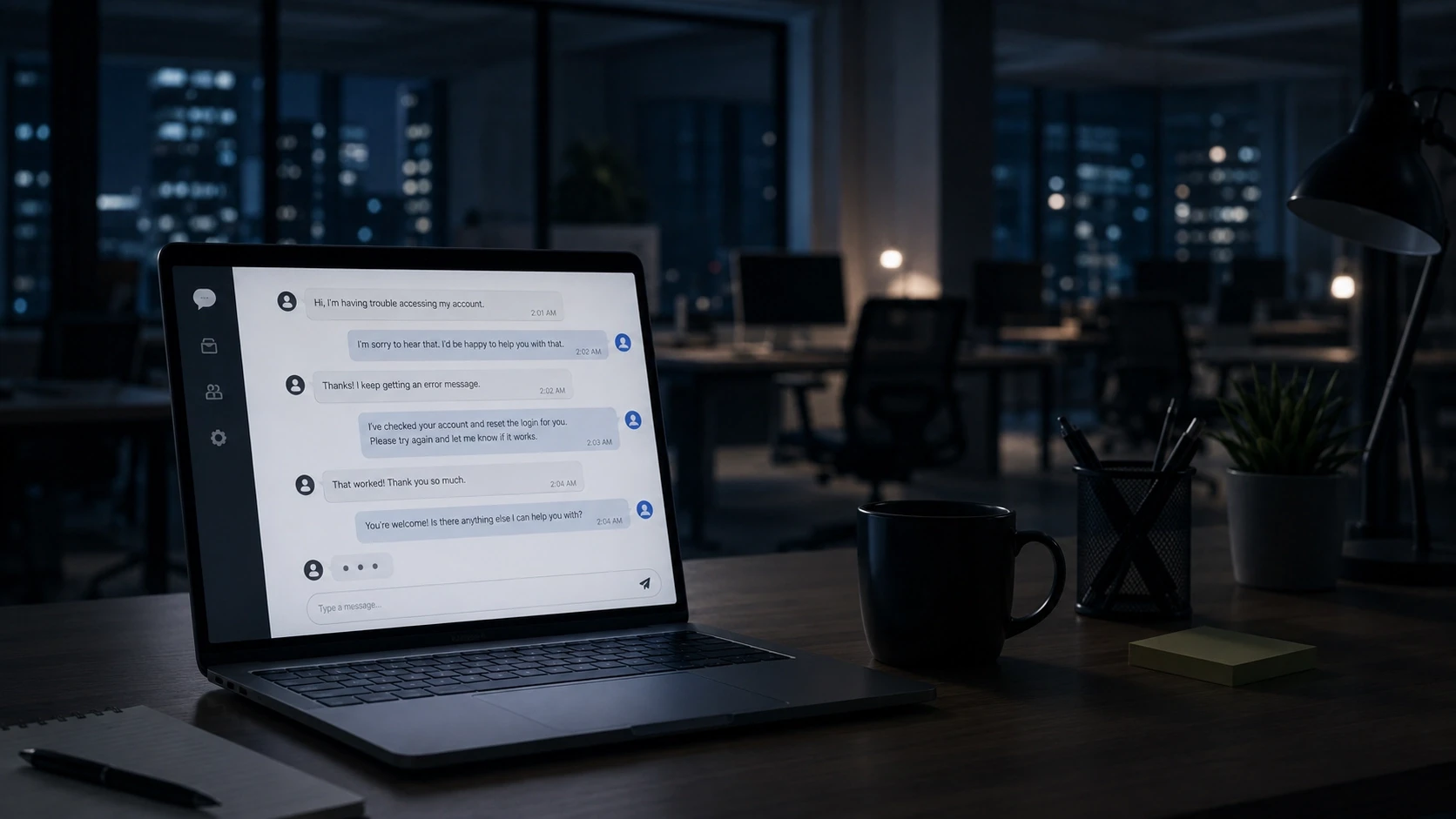 Chat window on a laptop resolving a customer question at 2am while the office sits empty