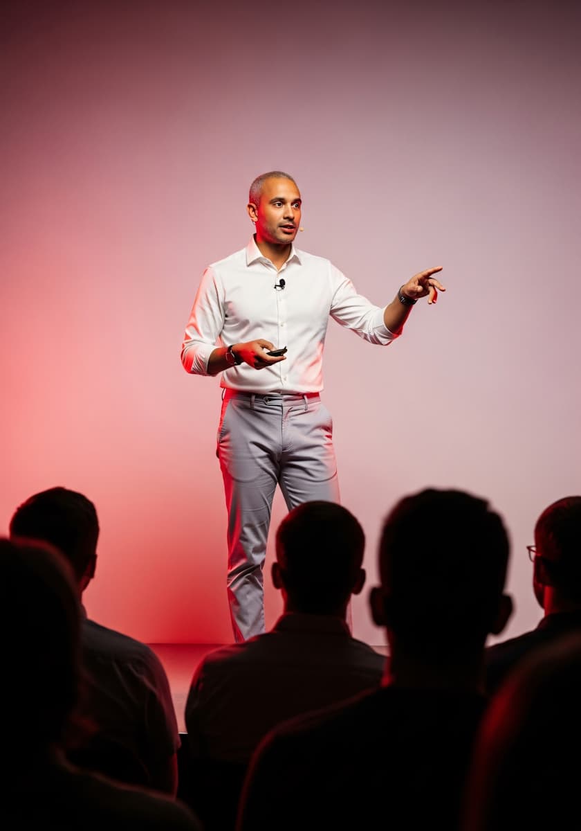 ein speaker hält vor mehreren zuhörern einen vortrag