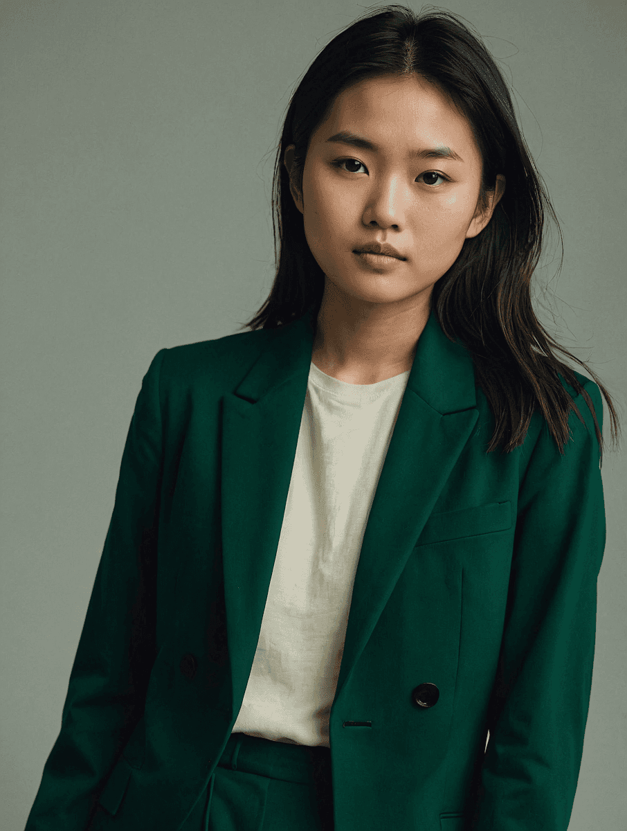 A young Asian woman wearing a stylish green blazer poses, exuding professionalism and confidence.