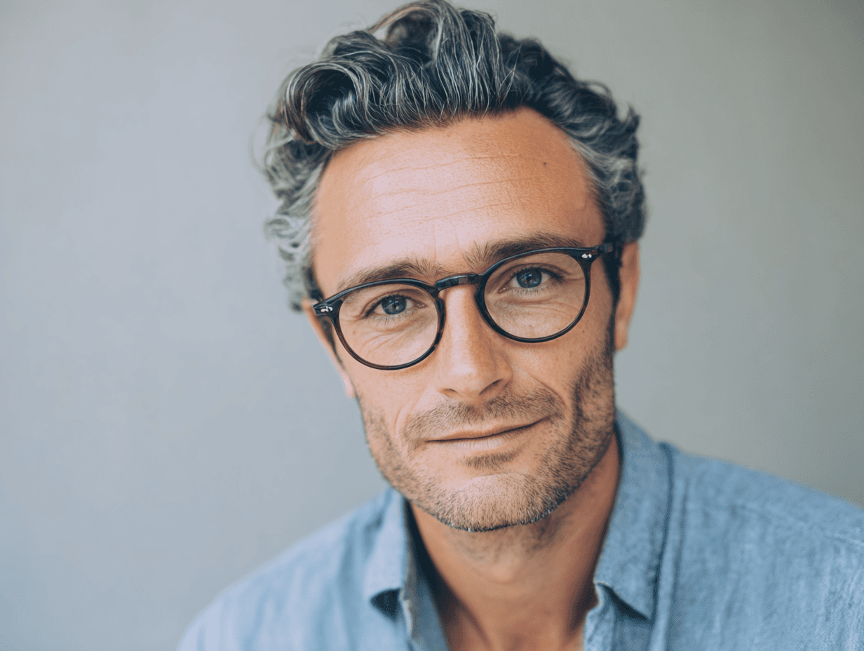A man with stylish glasses and tousled hair smiles softly, wearing a light blue shirt against a neutral background.