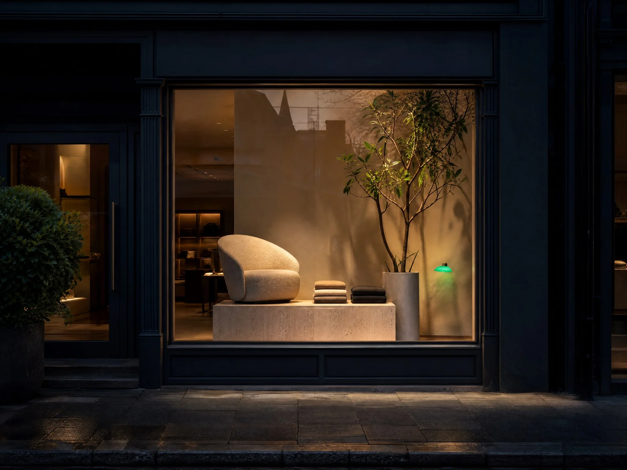 A lit boutique shop window at dusk, representing Shopify homepage examples