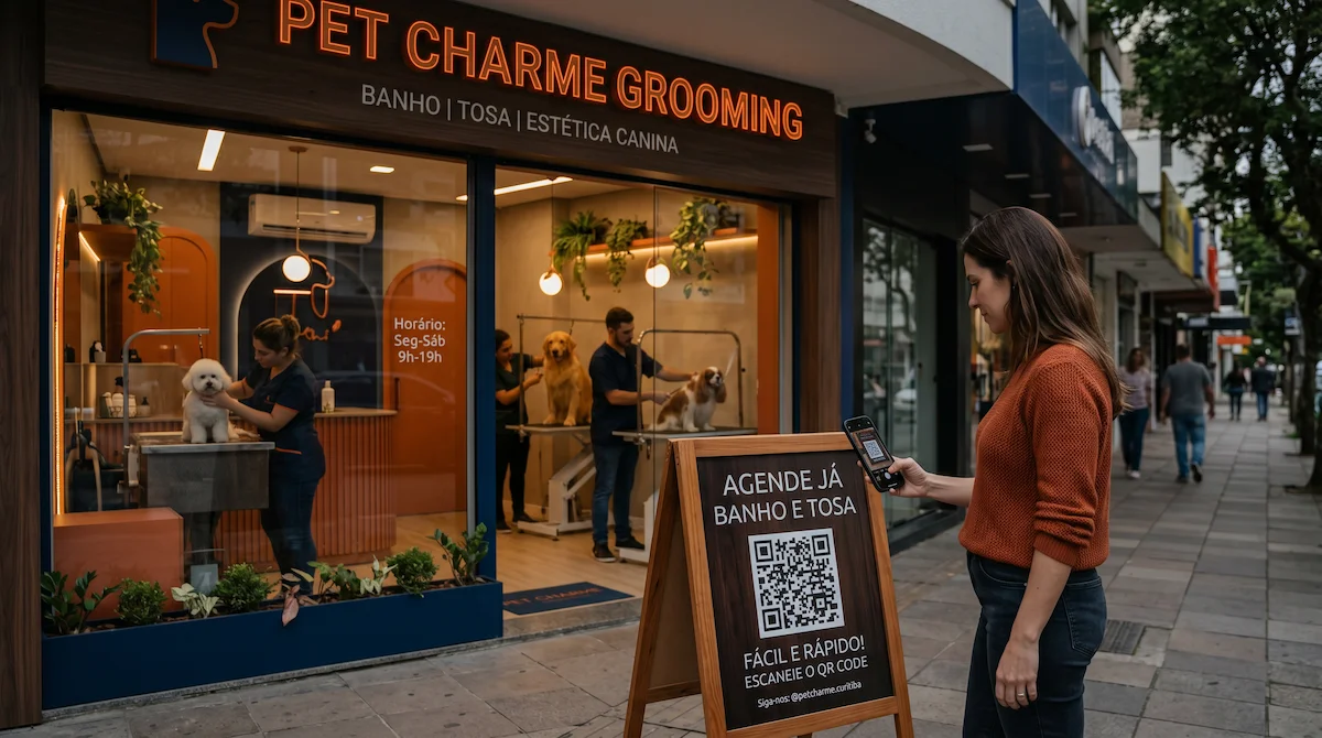 mulher escaneando o QR code atraves do seu celular em frente a uma loja de pet, banho e tosa