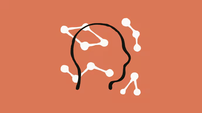 The image features a minimalist illustration of a head silhouette in black, surrounded by interconnected nodes and lines against an orange background, symbolizing connections and communication, relevant to Claude Sonnet 4.6: 1M context and stronger computer use in technology.