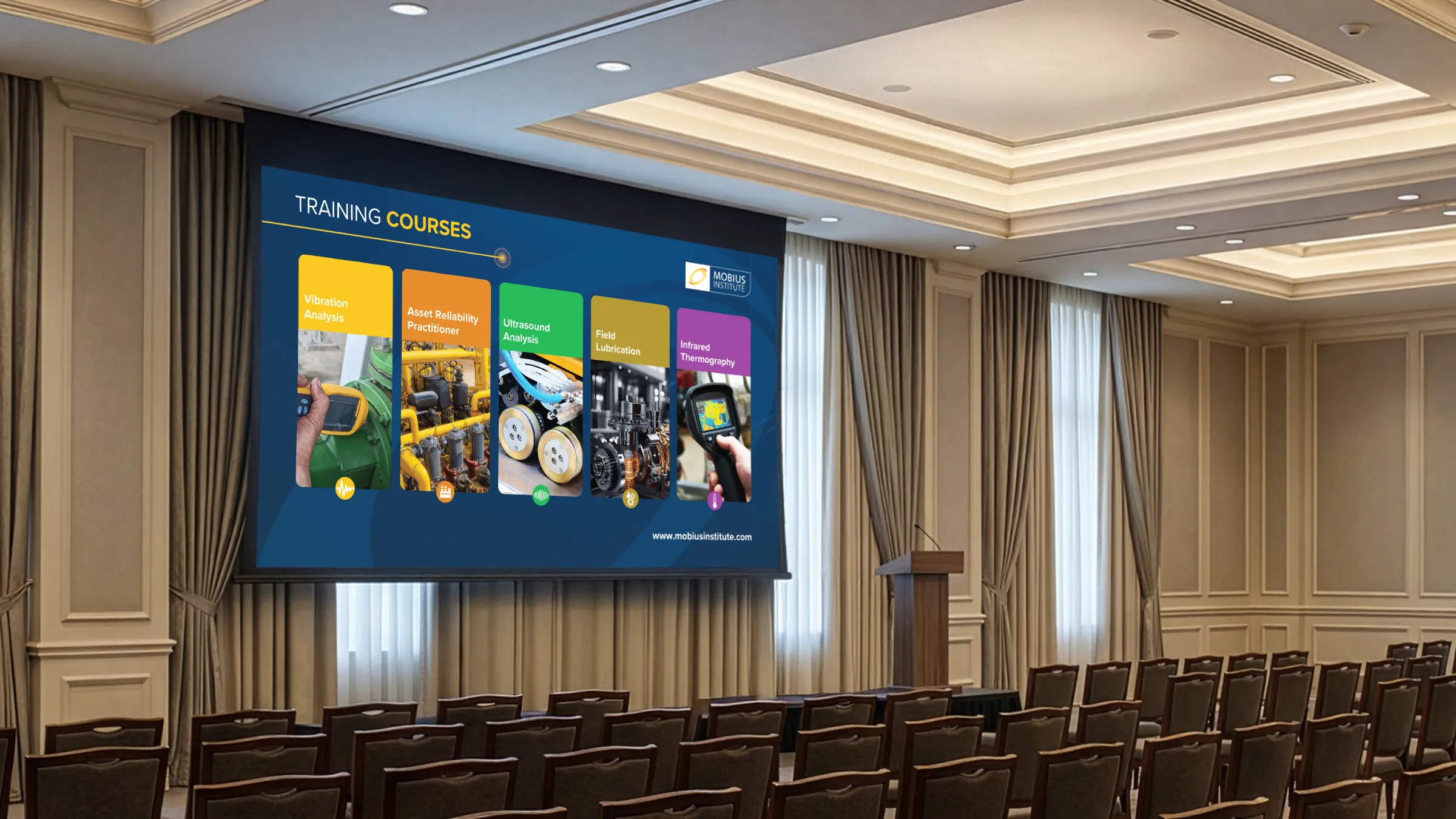 Conference room screen displaying Mobius Institute presentation design