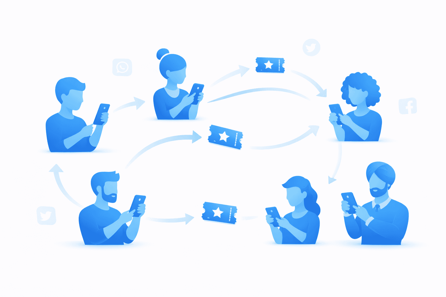 Personas diversas compartiendo desde smartphones con flechas de compartir y tickets fluyendo entre ellos