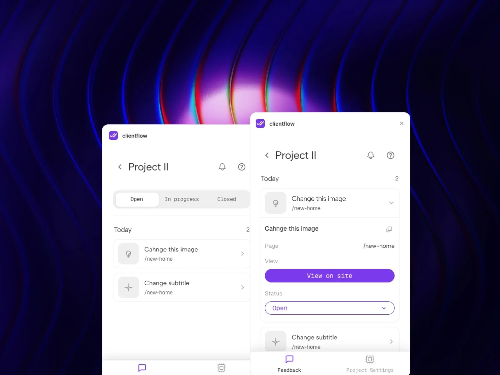 Project management interface with task lists and buttons, set against a wavy backdrop.