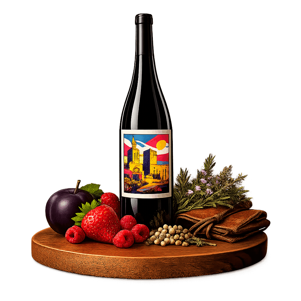 Artistic label and flavor profile for Southern Rhône Red on a rustic wooden table.