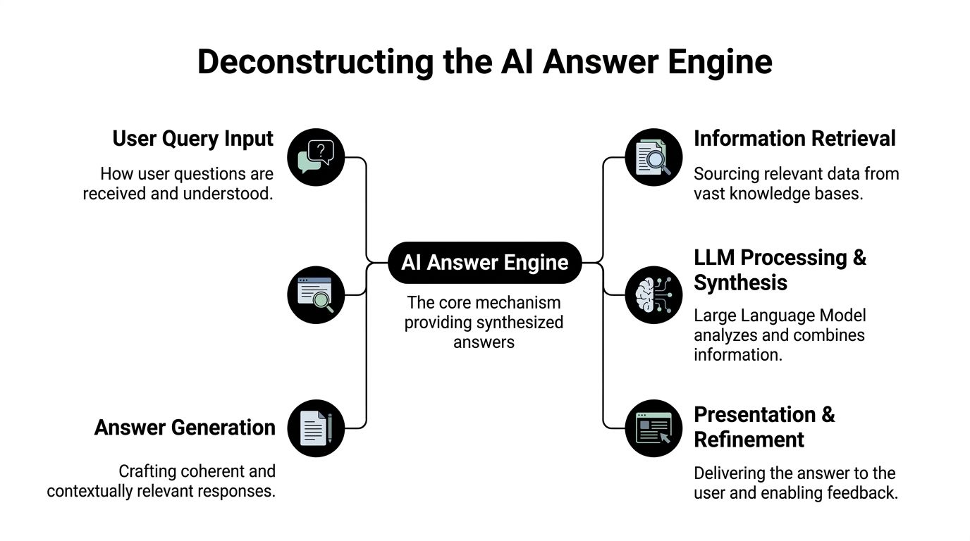 A diagram titled Deconstructing the AI Answer Engine showing the process from user query to answer generation.