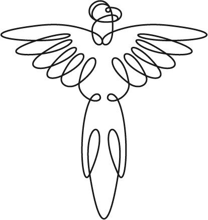 Black and white line art illustration of a eagle formed with just one line going in circles.