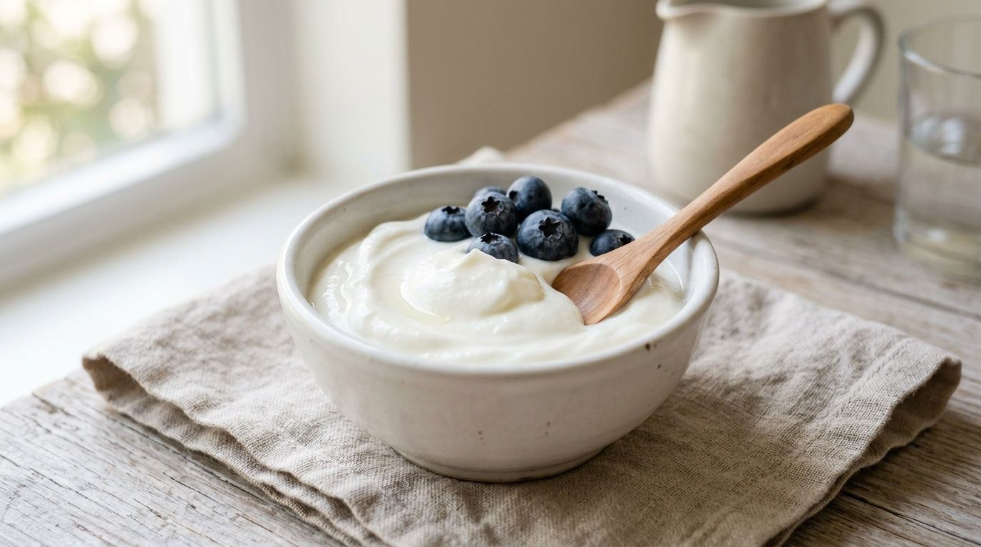 A ceramic bowl filled with thick white yogurt and fresh blueberries with a wooden spoon on linen.