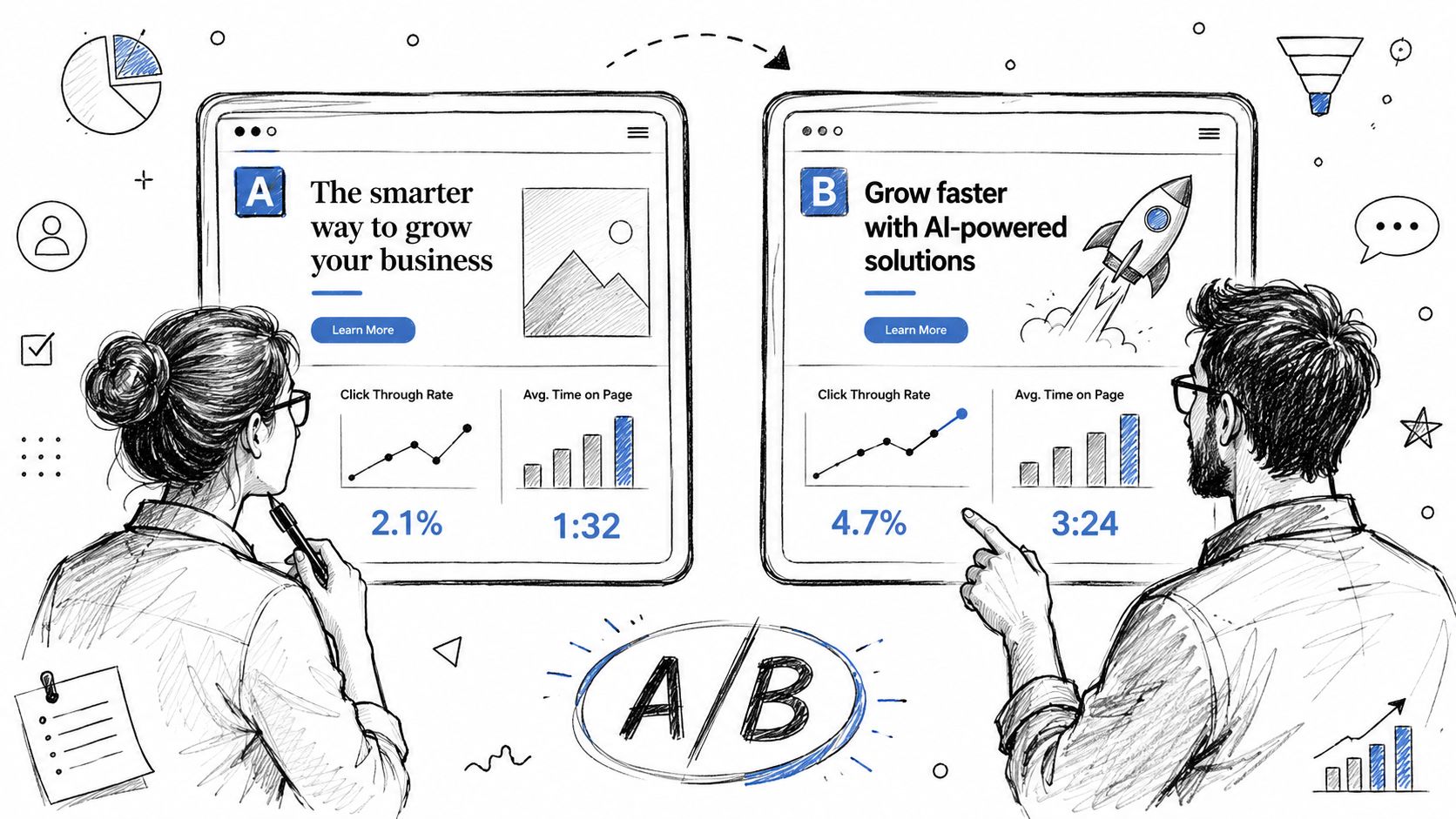 A professional illustration showing two people comparing A/B testing data on two different website designs.