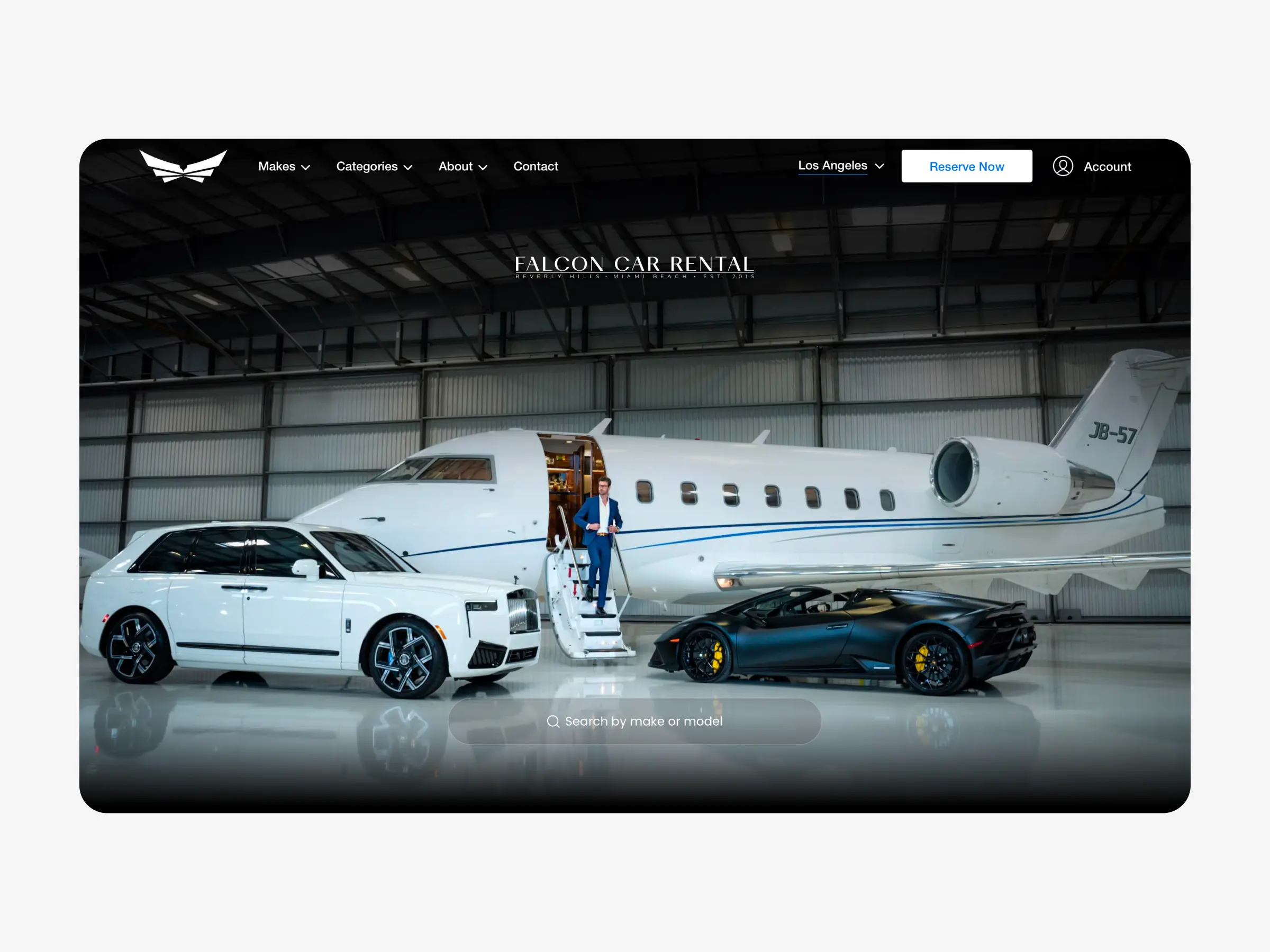 Falcon Car Rental website homepage featuring vehicle catalog and booking navigation
