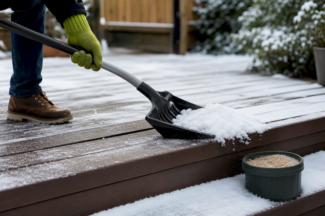 Plastic shovel clearing snow from deck