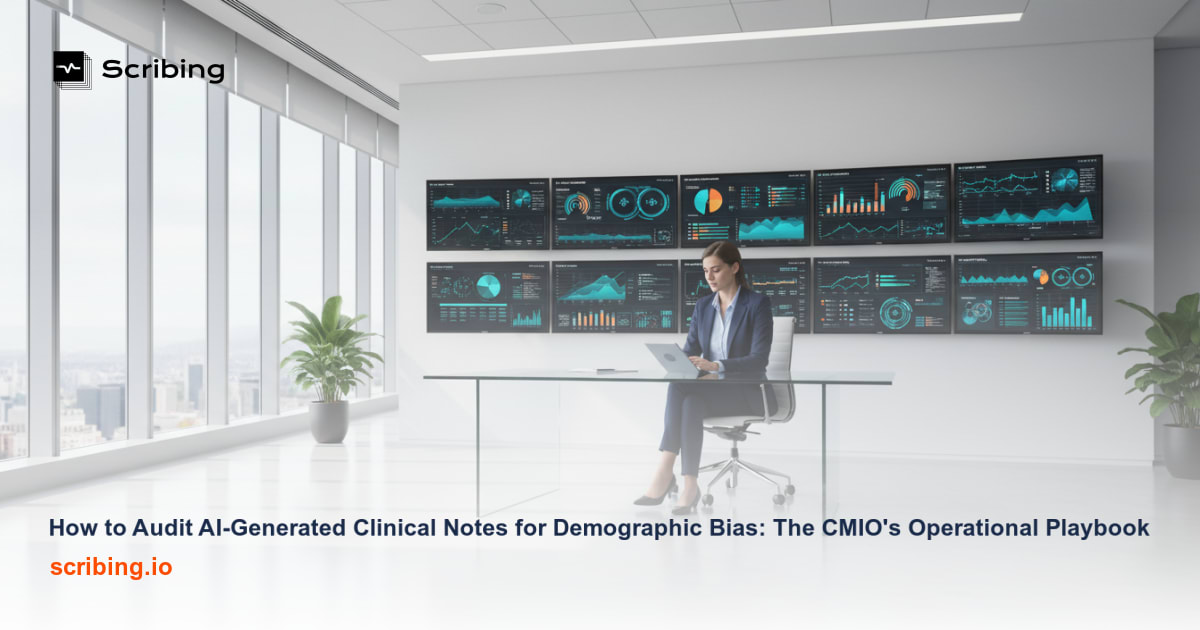 Illustration depicting the audit process for AI-generated clinical notes across diverse patient demographics to detect documentation bias