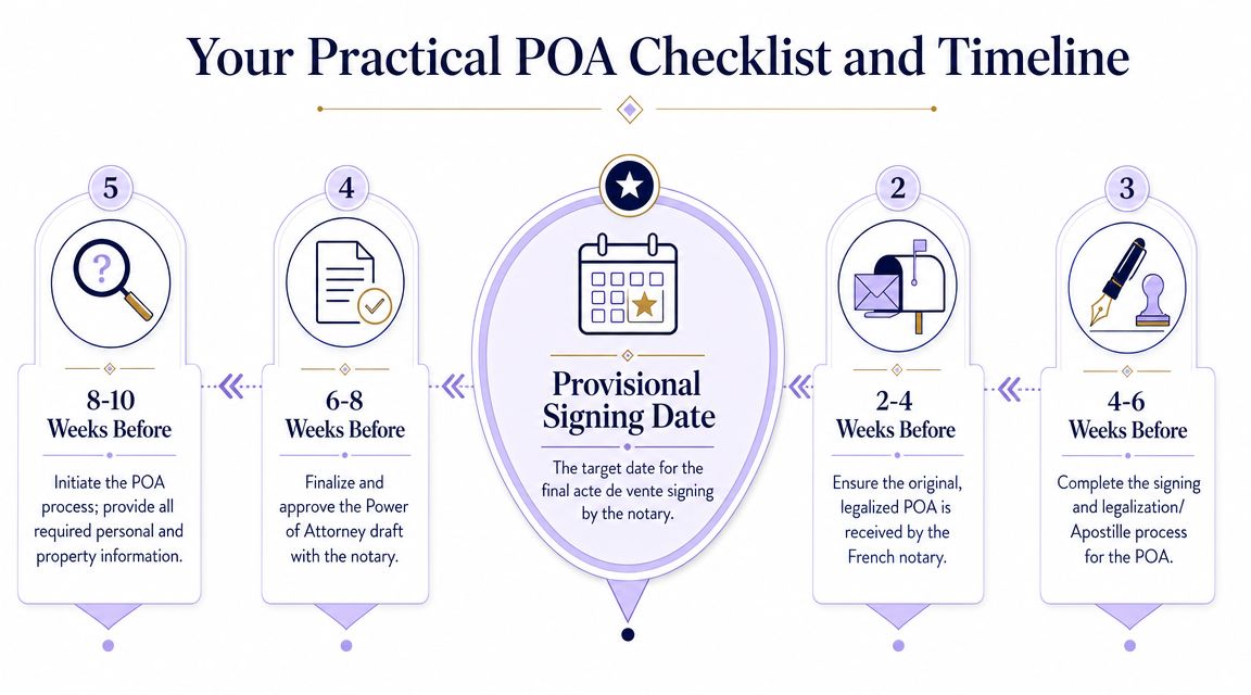 A timeline graphic illustrating the five-step process and timeline for arranging a Power of Attorney.