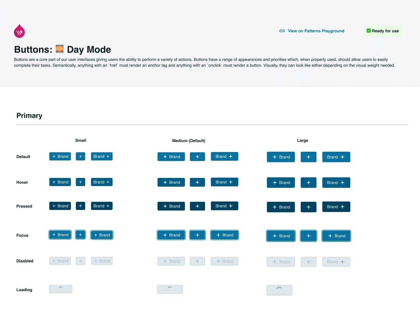 sample of button component variants that use new colour variables in light mode