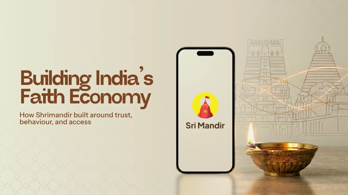 Sri Mandir app by AppsForBharat featured in "Building India's Faith Economy" graphic by Arkam Ventures, showing smartphone with app logo, lit diya, and temple architecture.