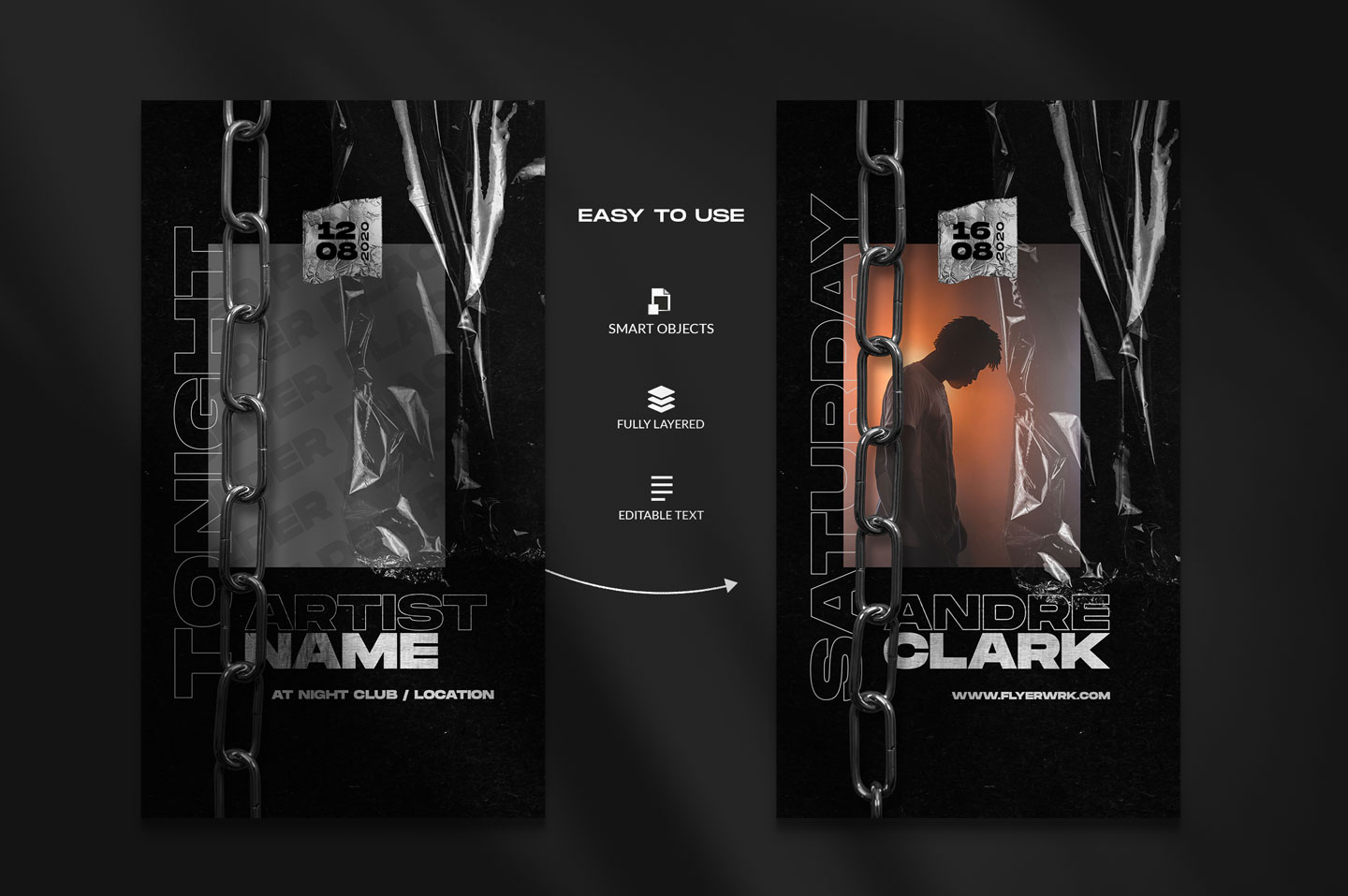 Y2K logotype bundle templates applied to a grey hoodie and black t-shirt for streetwear branding