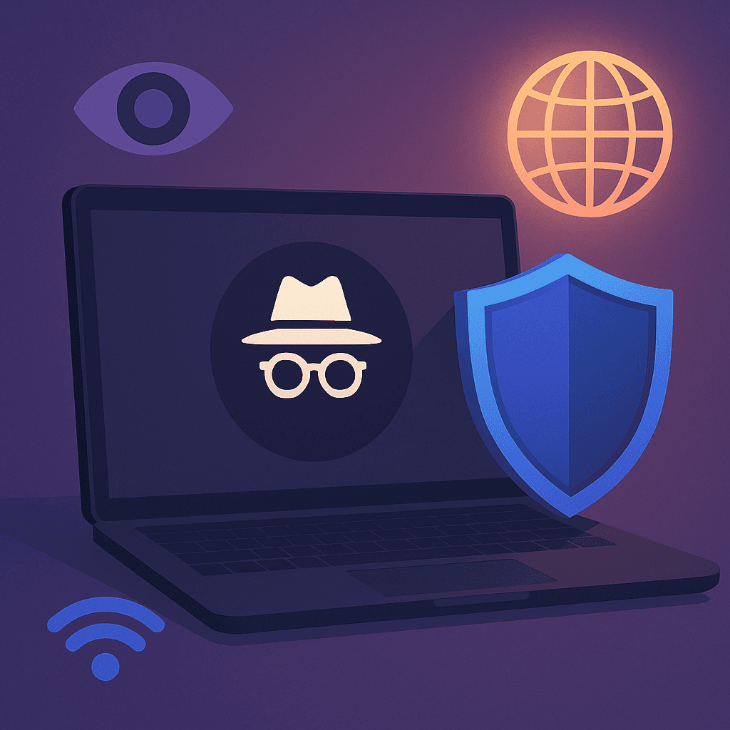 Illustration of a laptop with a private browsing icon, shield, and internet symbols representing online privacy and security.