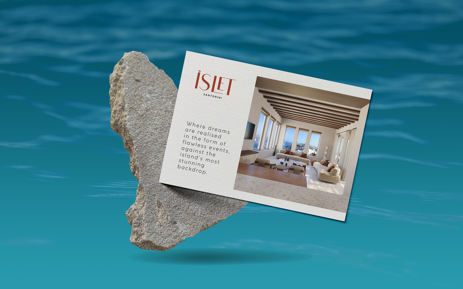 Almyra Antiparos branded brochure and printed hospitality collateral styled with decorative ceramic object