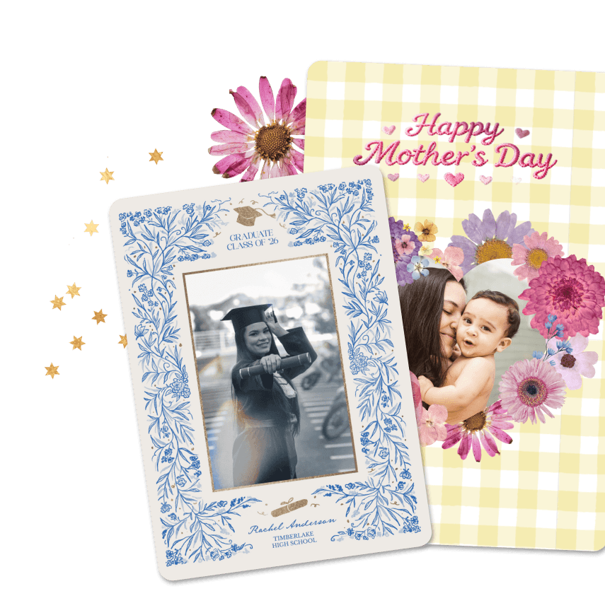 Greeting card samples with a graduation cap and gown card and a 'Happy Mother's Day' floral wreath card