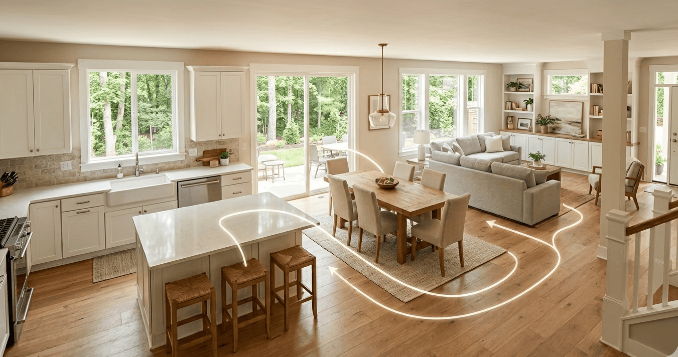 An elevated, wide-angle view of a bright, open-concept home interior featuring a kitchen, dining area, and living room that flow seamlessly together. The space is filled with warm, natural light and finished with light wood floors and a soft neutral palette.
