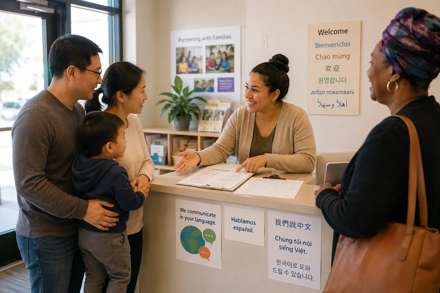 a family of three checks into a child care center with many multilingual signs hanging up