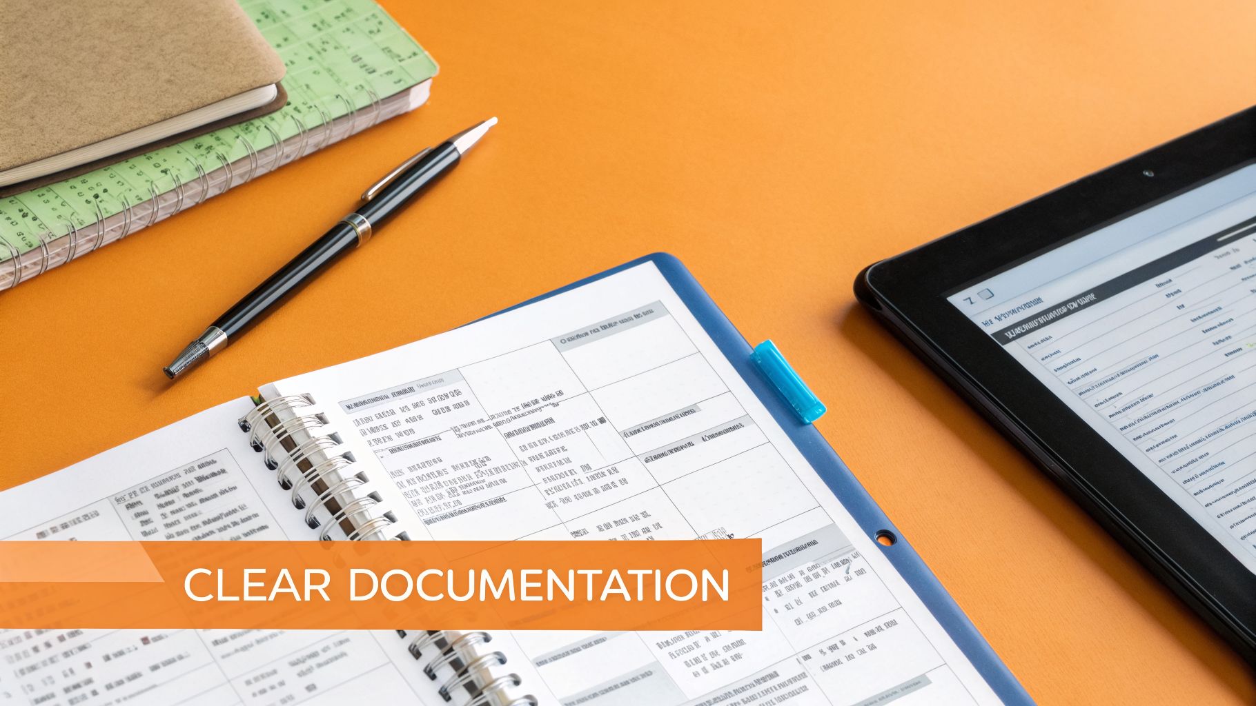 A desk with notebooks, pen, clipboard document, and tablet, emphasizing clear documentation and organization.